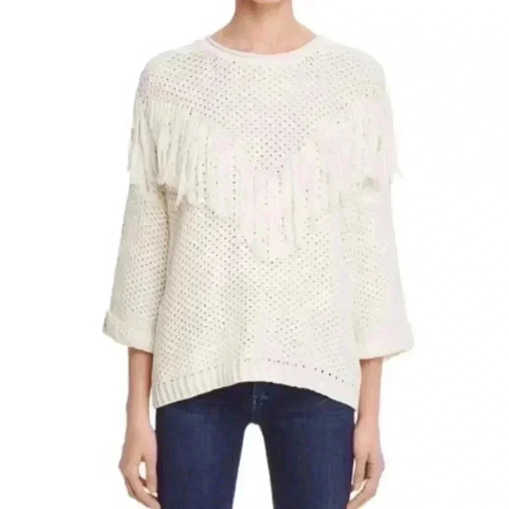 PPLA Creme Crochet 3/4 Sleeve 100%‎ Cotton Loose Knit Cropped Sweater Size S